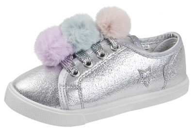 Buckle My Shoe Lace Up Pumps Metallic Glitter Plimsolls Pom Poms