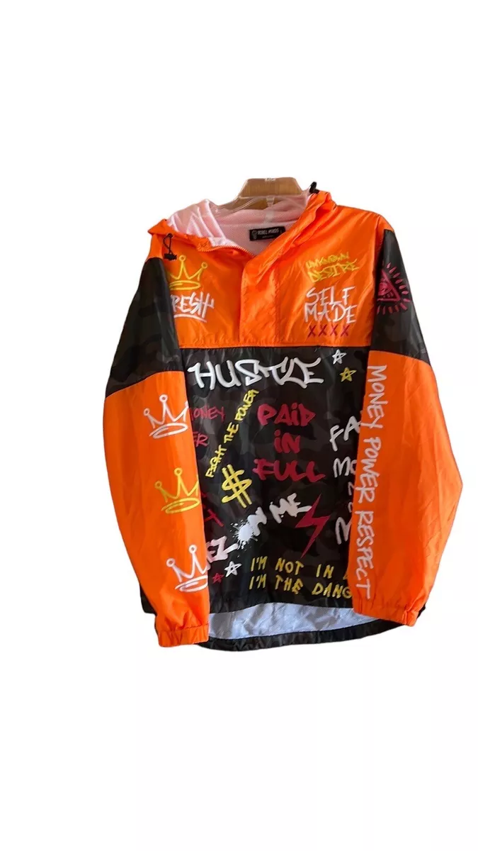 Rebel Minds Graffiti Graphic Windbreaker Pullover Jacket Orange