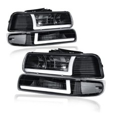 LED DRL Headlights Assembly fit Black Housing Clear Reflector w/ LED DRL