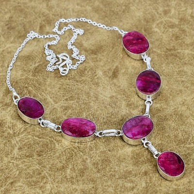 Simulated Red Kashmiri Rubi Gemstone Necklace 925 Sterling Silver Oval Jewelry