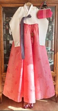 Korean Traditional Dress Hanbok Set-Ivory Jacket Orange Skirt Bag Petticoat