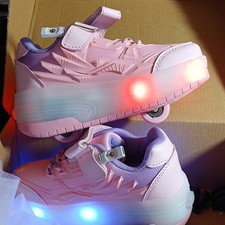 Girls LED Light-Up Roller Skate Shoes w/ Heel Wheel, Pink  Purple Youth