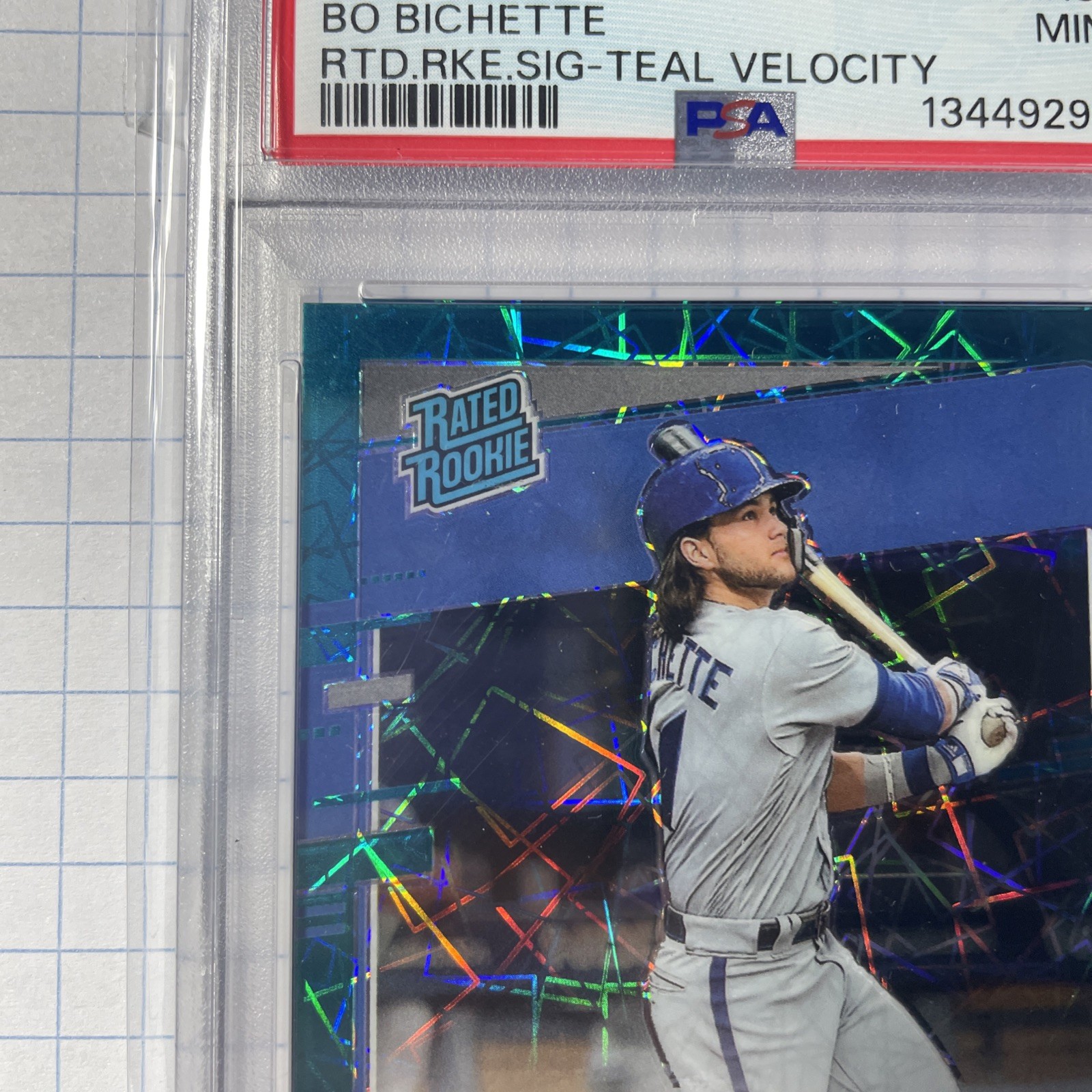 2020 Donruss Optic Bo Bichette TEAL VELOCITY PRIZM 31/35 Rated Rookie Auto PSA 9 view 5