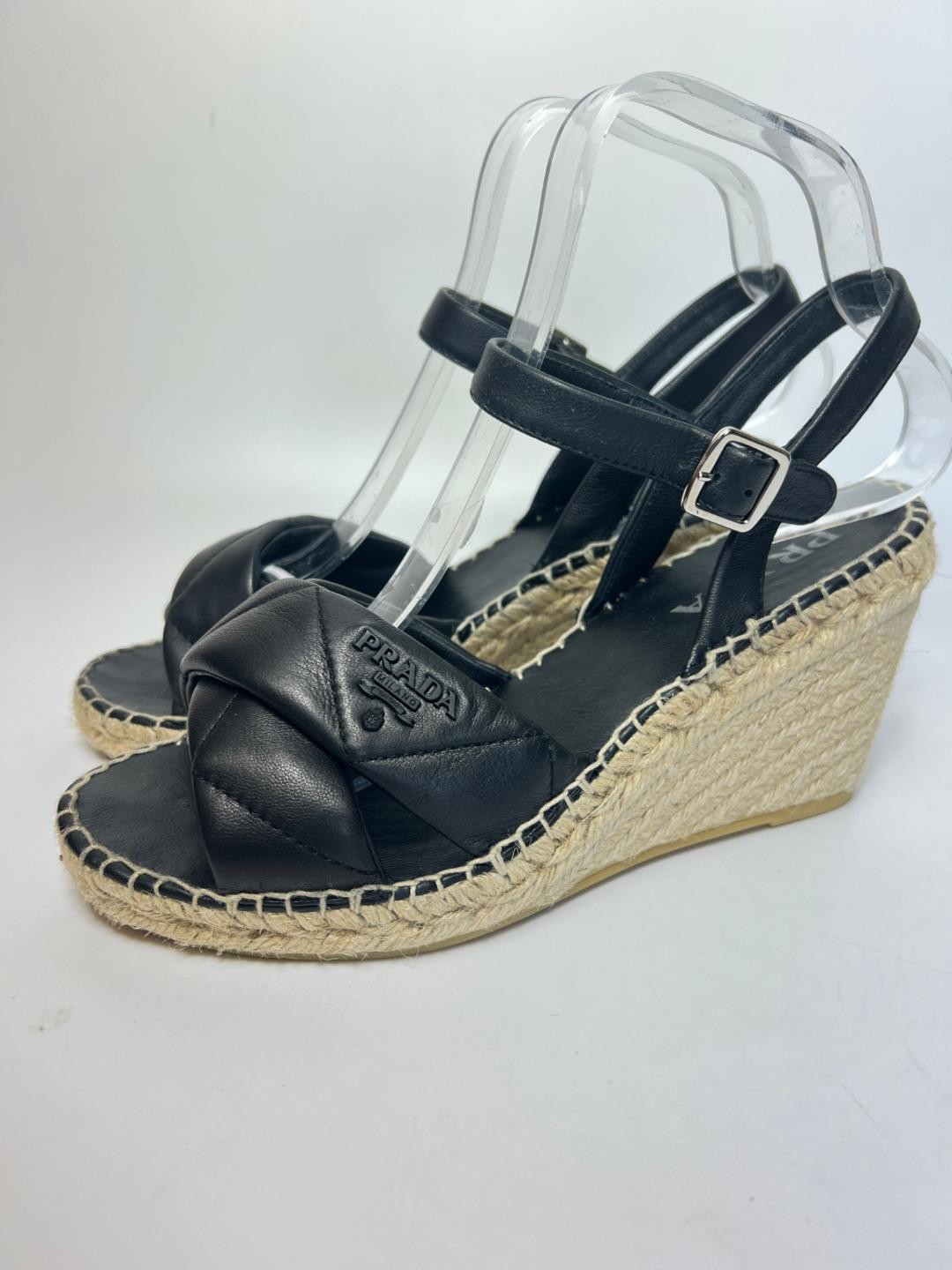PRADA sandals wedge espadrille wedge heels black leather 38 uk5 ref kb image 3