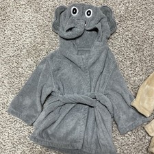 Elephant baby bathrobe infant 0-9 months hooded gray front tie - also have Lion