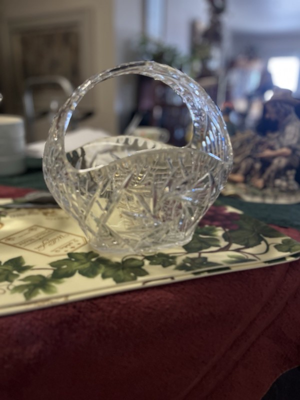 Vintage Crystal Fruit Basket Vase with Handle - Hand Cut Oval Large Size