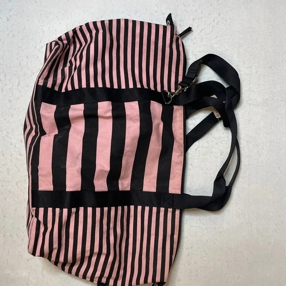 Victoria's Secret Pink Black Striped Duffle Bag Travel Weekend Overnight Bag - Image 2 of 4