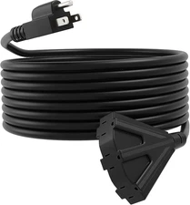 50FT Heavy Duty Outdoor Extension Cord, Weatherproof Tri-Tap Power Cable, Black