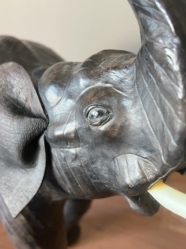 Vintage Mid Century Leather Elephant Figure Glass Eyes Trunk Up 14” - Picture 3 of 13