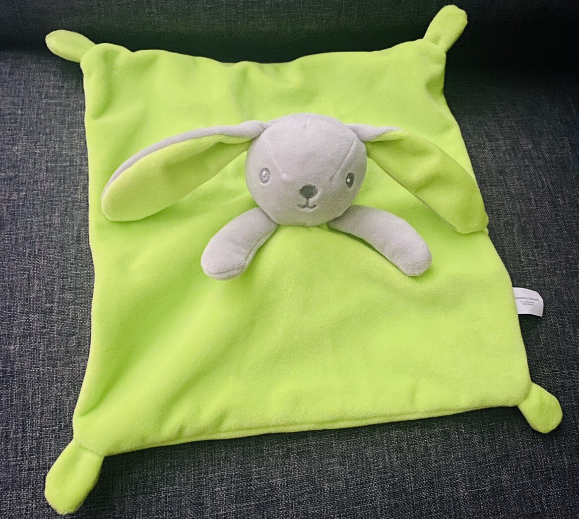Doudou plat lapin gris et vert pomme fluo facile à saisir avec oreilles d'éveil