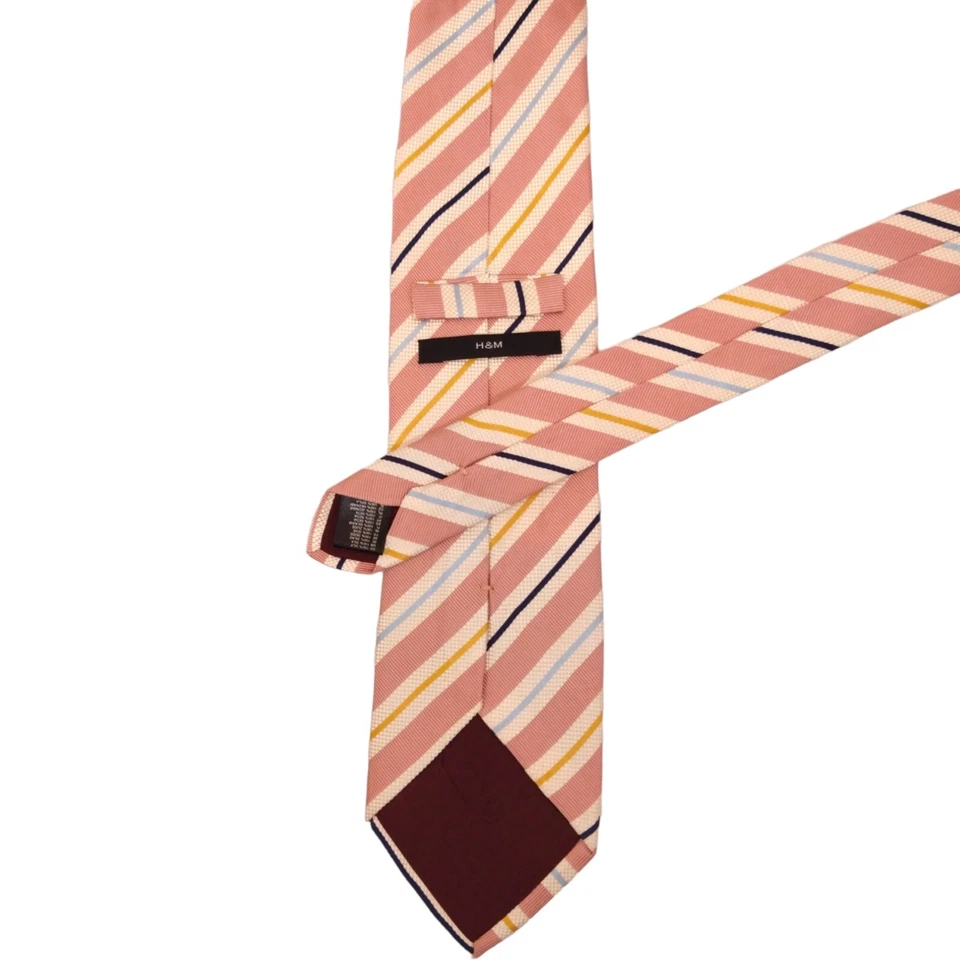 H&M Mens Classic Tie 3.65 Pink Cream Repp Stripe 100% Silk LONG Necktie ITALY - Image 3 of 4