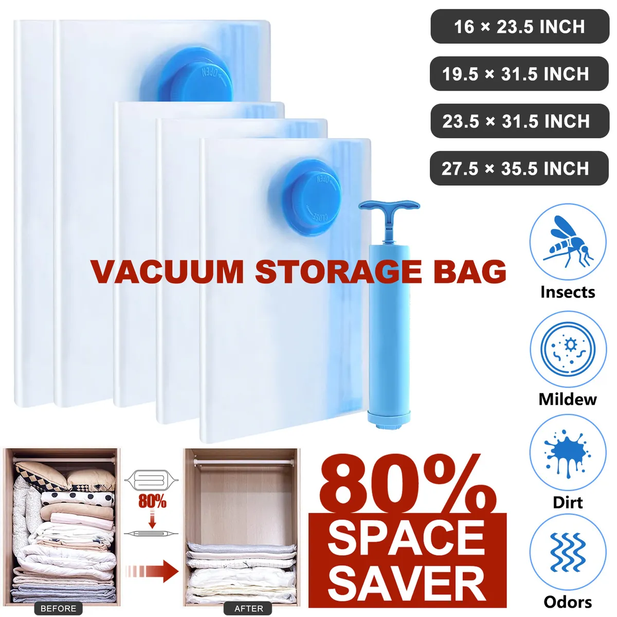 6 Medium Vacuum Storage Bags, Space Saver Bags Compression Storage Bags for  Comforters and Blankets, Vacuum Sealer Bags for Clothes Storage, Hand Pump  Included
