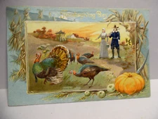 PC 2536 - TUCK THANKSGIVING POSTCARD - PILGRIM COUPLE WITH TURKEYS