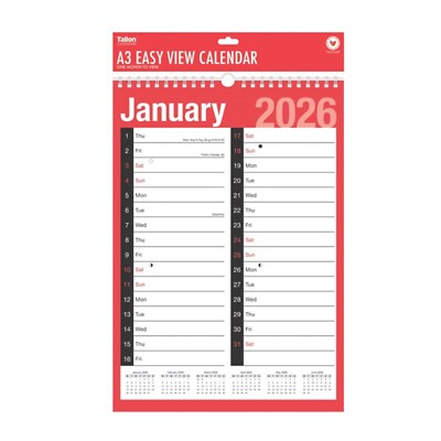 A3 Kalender 2026 einfache Ansicht zweispaltig monatlich groß für Büro Zuhause