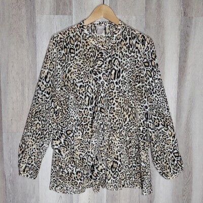 Chicos Womens 1 (8/10) Animal Print Blouse Long Sleeve Tiered Ruffles Sheer