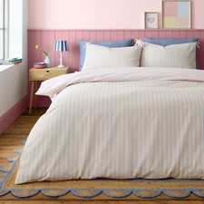 Image of Catherine Lansfield Brighton Stripe Reverse Bow Trim Duvet Cover Bed Set Pastel
