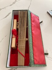Vintage Asian Wooden Folding Hand Fan Ornately made w/Tassel , stand and box