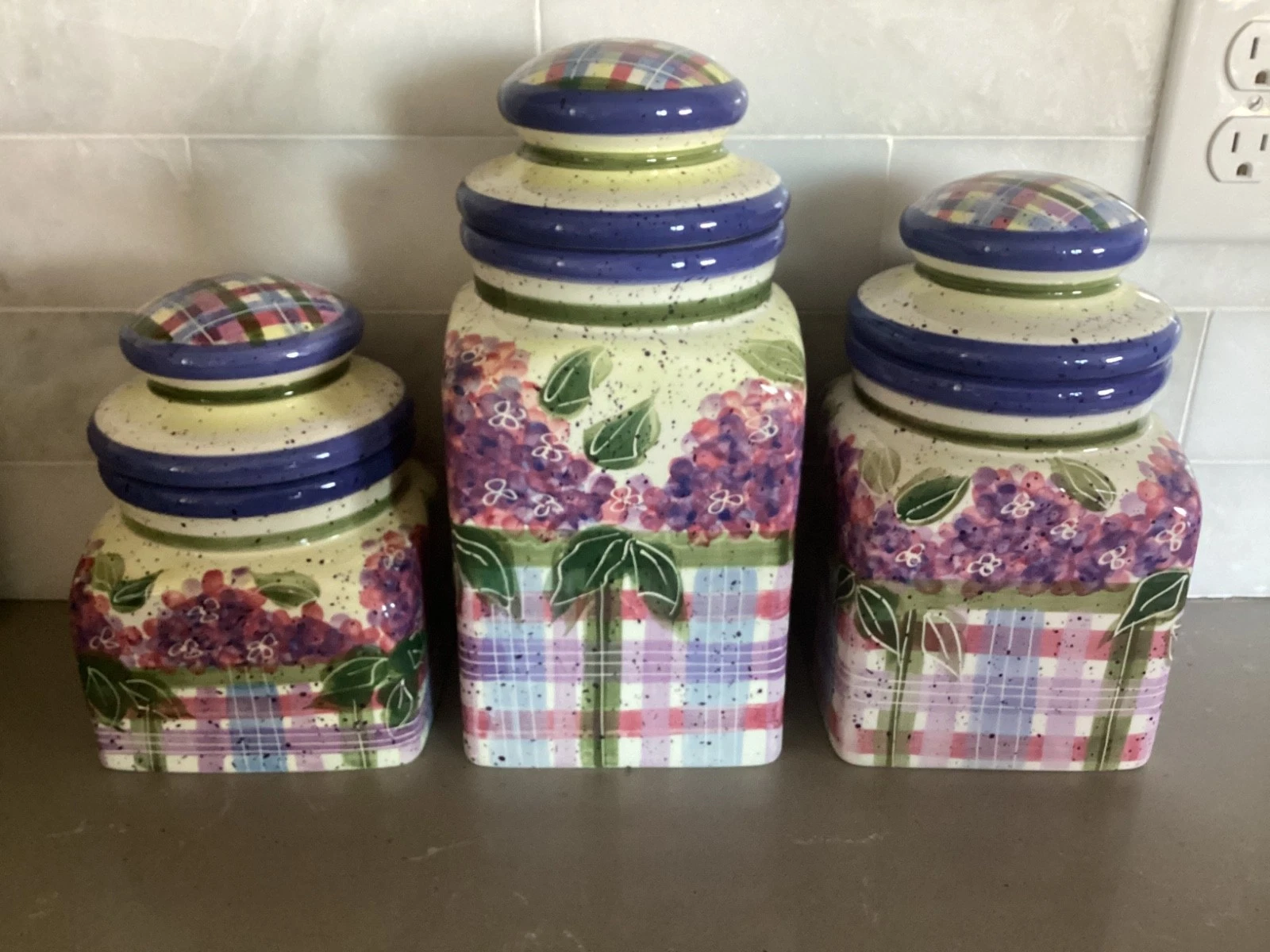 Julie Ueland Vintage Set of 3 Floral Hydrangeas Pattern Canisters with Lids