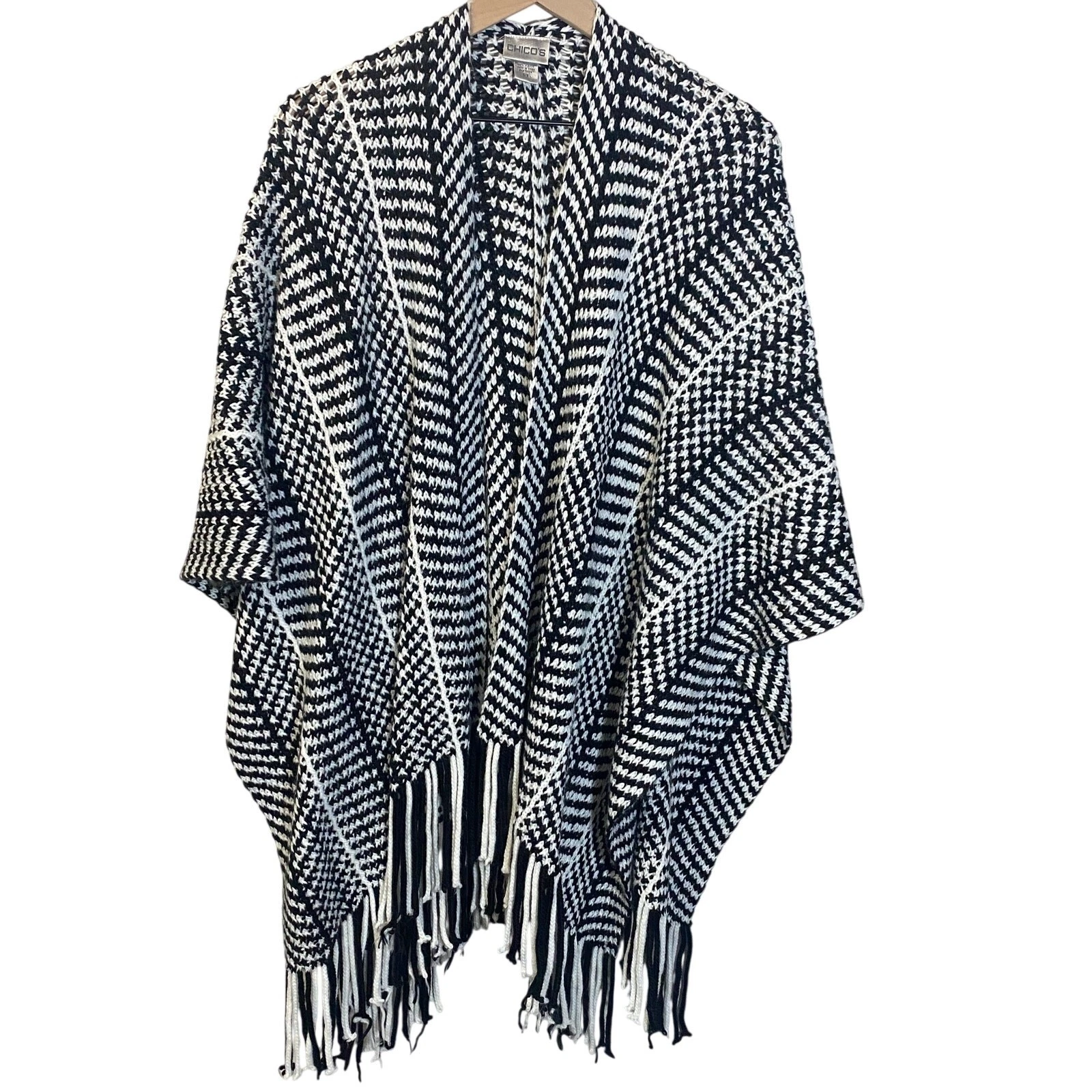 Chico's Striped Knit Fringe Ruana Cardigan Wrap Shawl Black White One Size