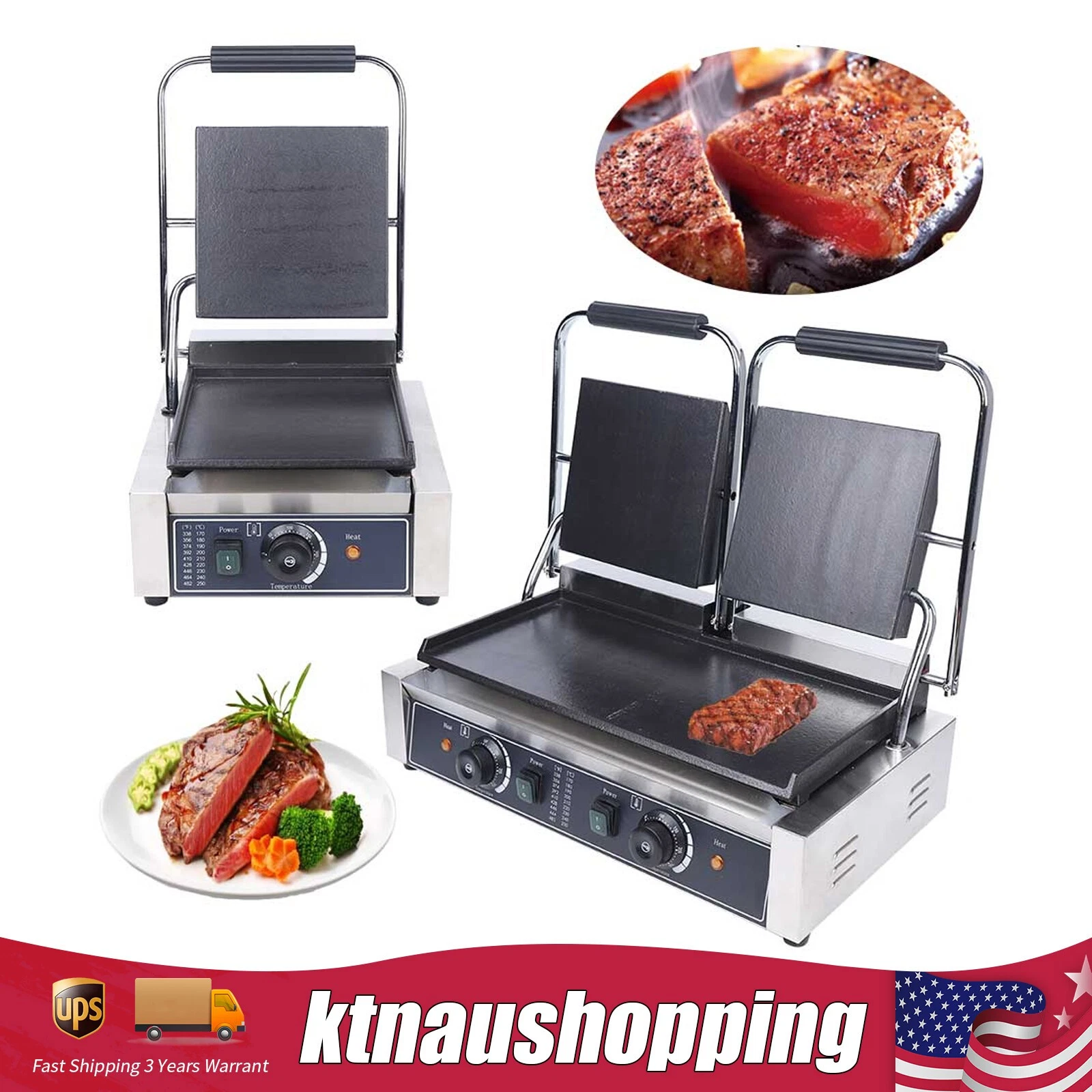 Commercial Electric Panini Press Grill Griddle Plate , Flat Sandwich Steak Maker