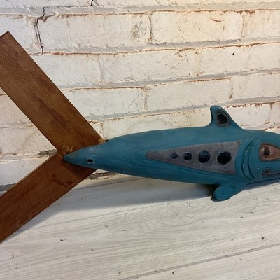 27  Ceramic Whale Fish With Wooden Tail - Indoor Or Outdoor Custom Art Fish 1C