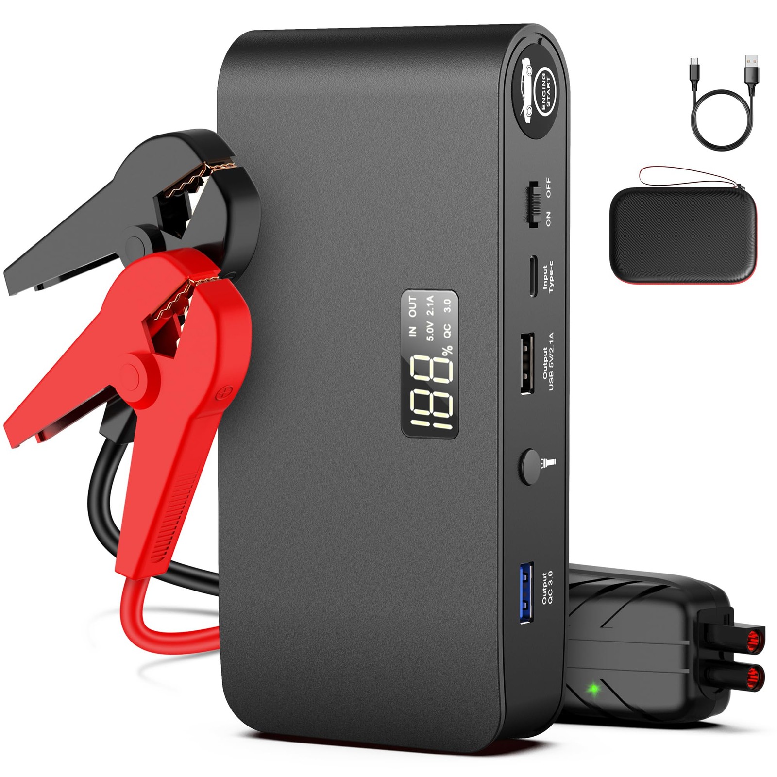 3000A Car Jump Starter 16000mAh | USB QC 3.0 Fast Charge | 3 Flashlight Modes