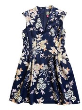 Vince Camuto Women's Navy Blue Floral Fit Flare Short Sleeve Dress Size 14