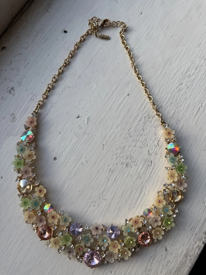 Natasha Pastel Floral Statement Necklace Gold Tone Crystal Rhinestone Bib - Image 3 of 4