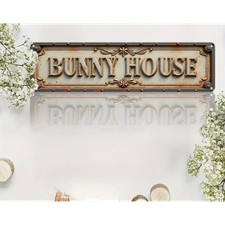 2D 1P "Bunny House" Metal Iron Sign Happy Easter Gifts Spring 4x16 Wall Decor
