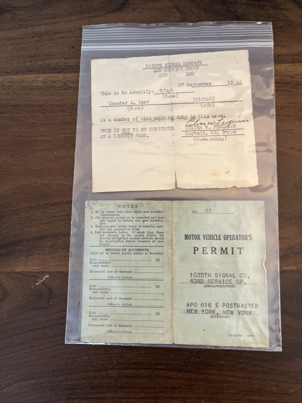 VINTAGE WW2 MILITARY MOTOR VEHICLE OPERATOR'S PERMIT 1035TH SIGNAL COMPANY 1942