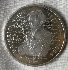 BRD 10DM Deutsche Mark 1997 D, Germany, Heinrich Heine, Silber 0.625/15.5g