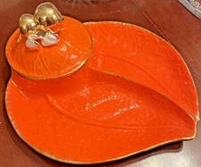 MCM California Pottery Signed Chip/Covered Dip  Serving Set USA 749 Orange Gold