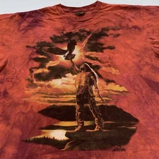 vintage 90s THE MOUNTAIN NATIVE AMERICAN HAWK SUNSET TIE-DYE T-Shirt XL/XXL