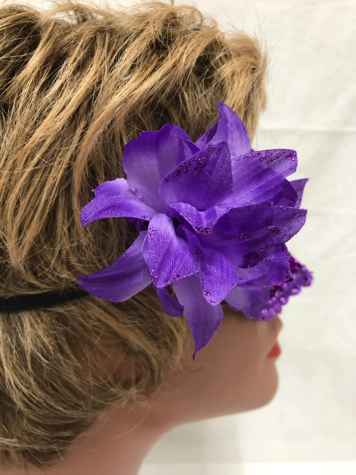 Masquerade Masks One Purple w. Flower and Ribbon Tie 2 With Glitter and Elastic - Image 4 of 4