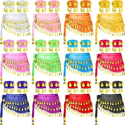 12 Pcs One Set Belly Dance Skirt Hipscarf with Wrist Ankle Cuffs Bracelets Noisy