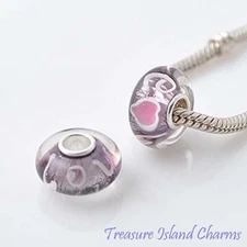 Love Purple Foil Murano Glass 925 Sterling Silver European Bead Charm Euro