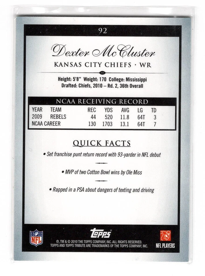 2010 Topps Tribute - Green Parallel /50 - Dexter McCluster #92 - Rookie - Image 2 of 2