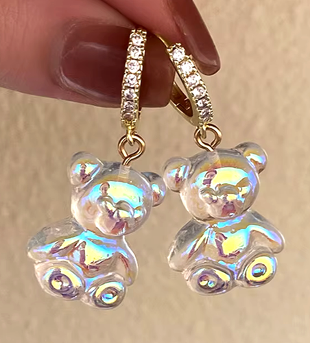 Adorables Pendientes Betsey Johnson Colgantes Oro Transparente Estrás Oso de Peluche - Imagen 2 de 13