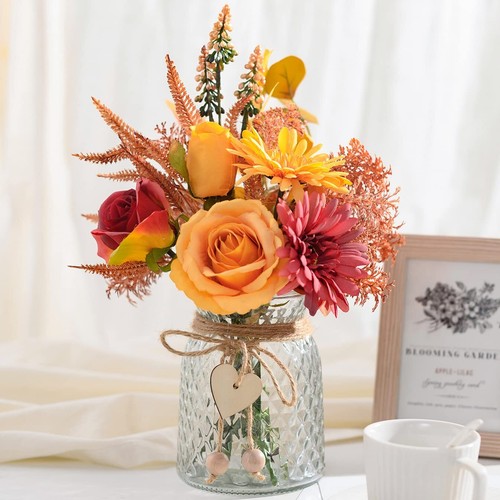 Artificial Flowers with Vase, Faux Silk Flowers Arrangement in Vase