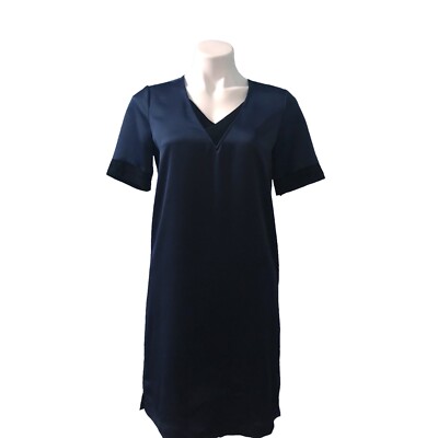 Scotch & Soda Womens XS Shift Dress Satin V-Neck Short Sleeve Navy Blue