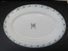 Antique H&M Railroad Stoneware Platter Green Border O.P. Co Syracuse China 15x10