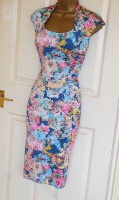 Phase Eight Kleid Gr. 10 blau rosa Blumen Sommer Print Stretch Bleistift Hochzeit