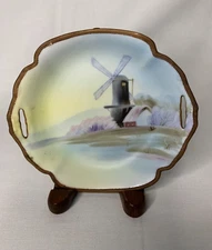 Hand Painted Salt Bowl Trinket Dish Windmill Scene Handles 5 inch Nippon Art