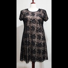 Vintage Jeffrey & Dara Dress Size 12 Black Lace Overlay Nude Lining Short Sleeve