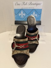 GUCCI Horsebit Web Canvas Leather GG Logo 155121 Wooden Sandal Heel Size 7 Y2K
