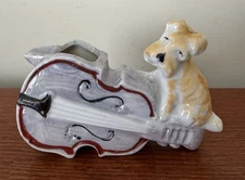 Vintage Ceramic Dog Schnauzer On Tipped Cello Blue Lustreware Ashtray Japan MCM