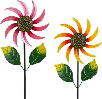 2 Pack Flower Wind Spinners Outdoor, Colorful Wind Sculptures & Spinners with St