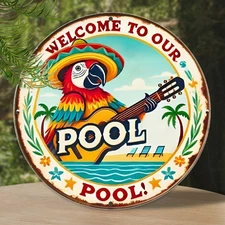 Tin Metal Signs Home Décor Welcome to Our Pool Aluminum Round Vintage Cafe 8x8 