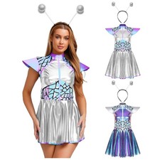 Womens Space Fighter Alien Costumes Set Rave Outfits Astronaut Robot Dress Fancy