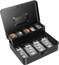 Large Cash Box with Money Tray and Lock, Metal Money Box for Cash, Lockbox 11.8